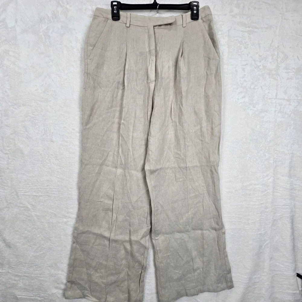 NWT Zara Size Large High Waisted Pleated Wide Leg 100% Linen Pants Sand 8292/500